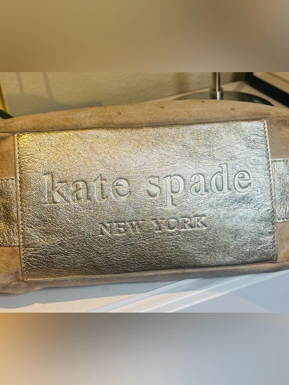 Kate Spade Beige Suede Tote Handbag - Gold Accents